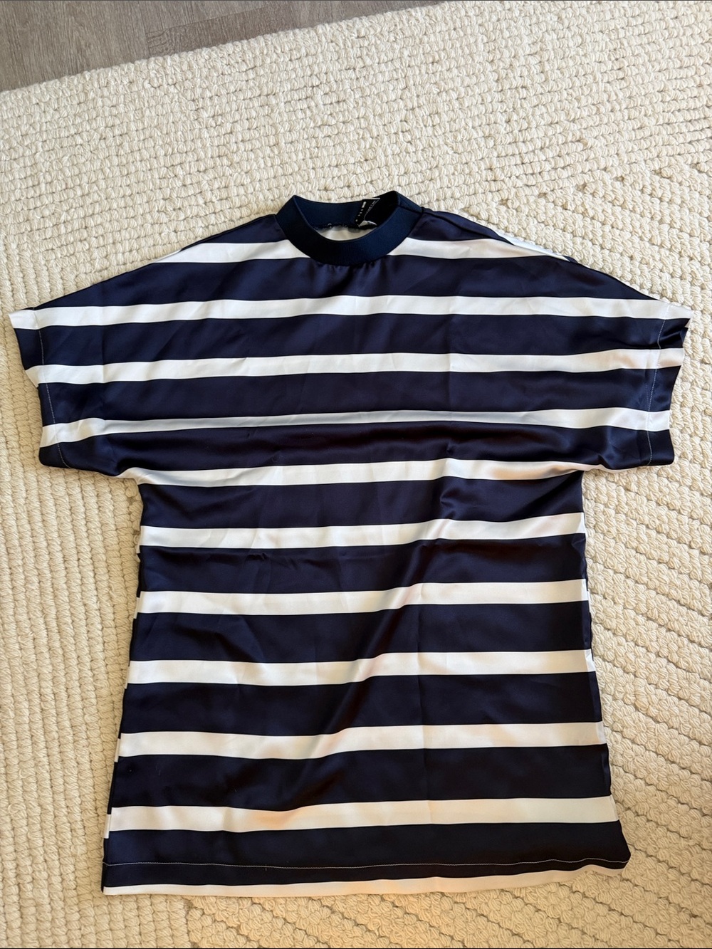ASOS Navy and White Horizontal Stripe Short Sleeve Satin Dress